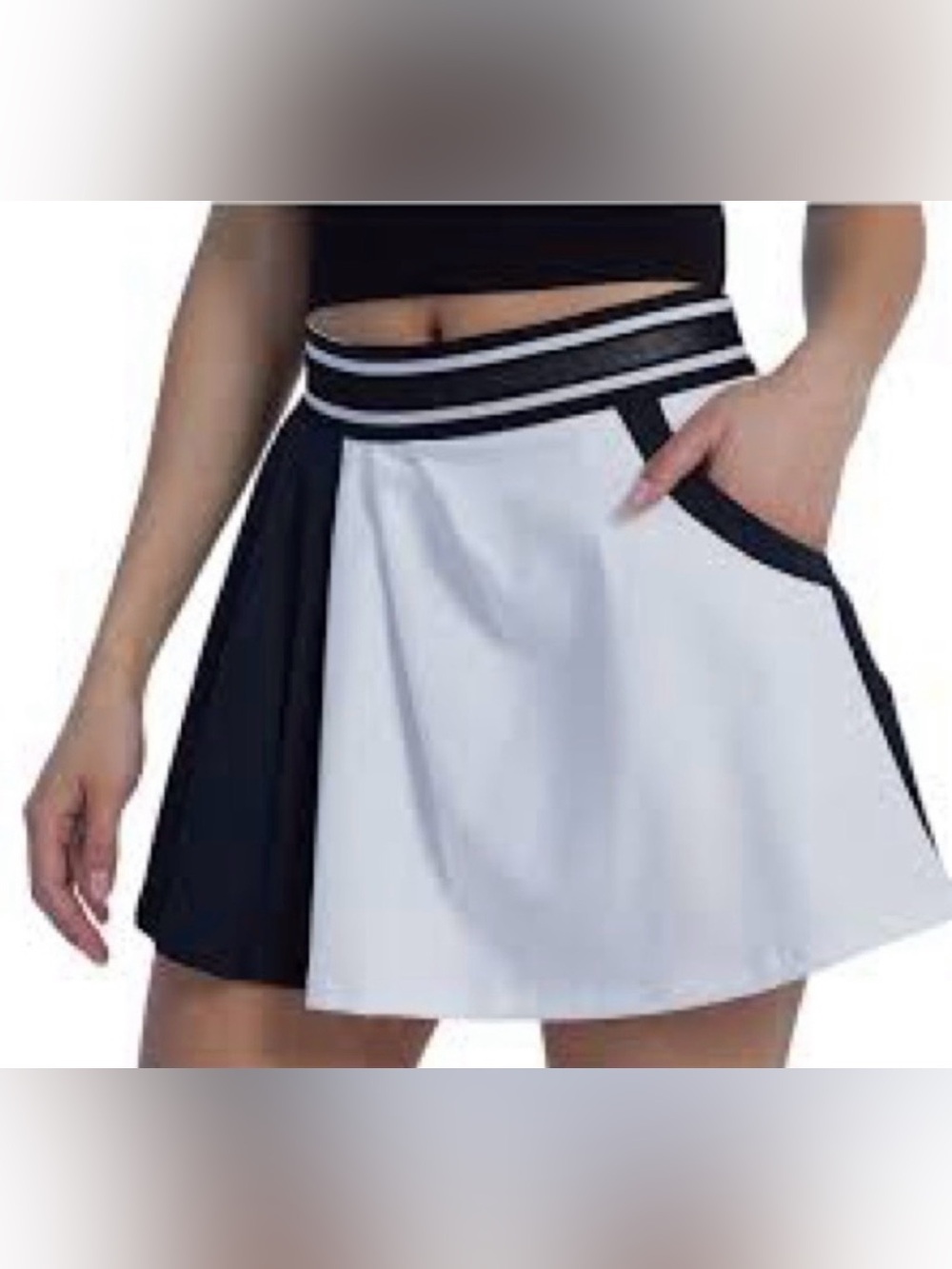 Free People Black & White Paneled Skater Skirt with Striped Waistband